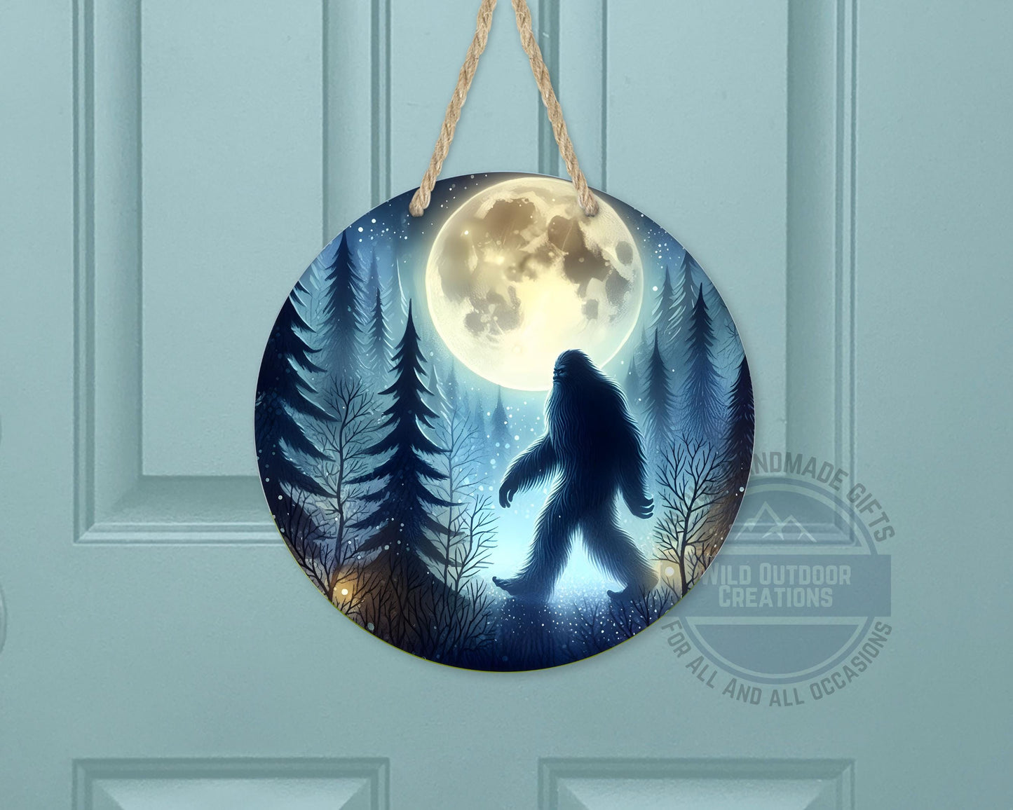Bigfoot Door Hanger - Aluminum Round Porch Sign With Moonlit Forest Decor