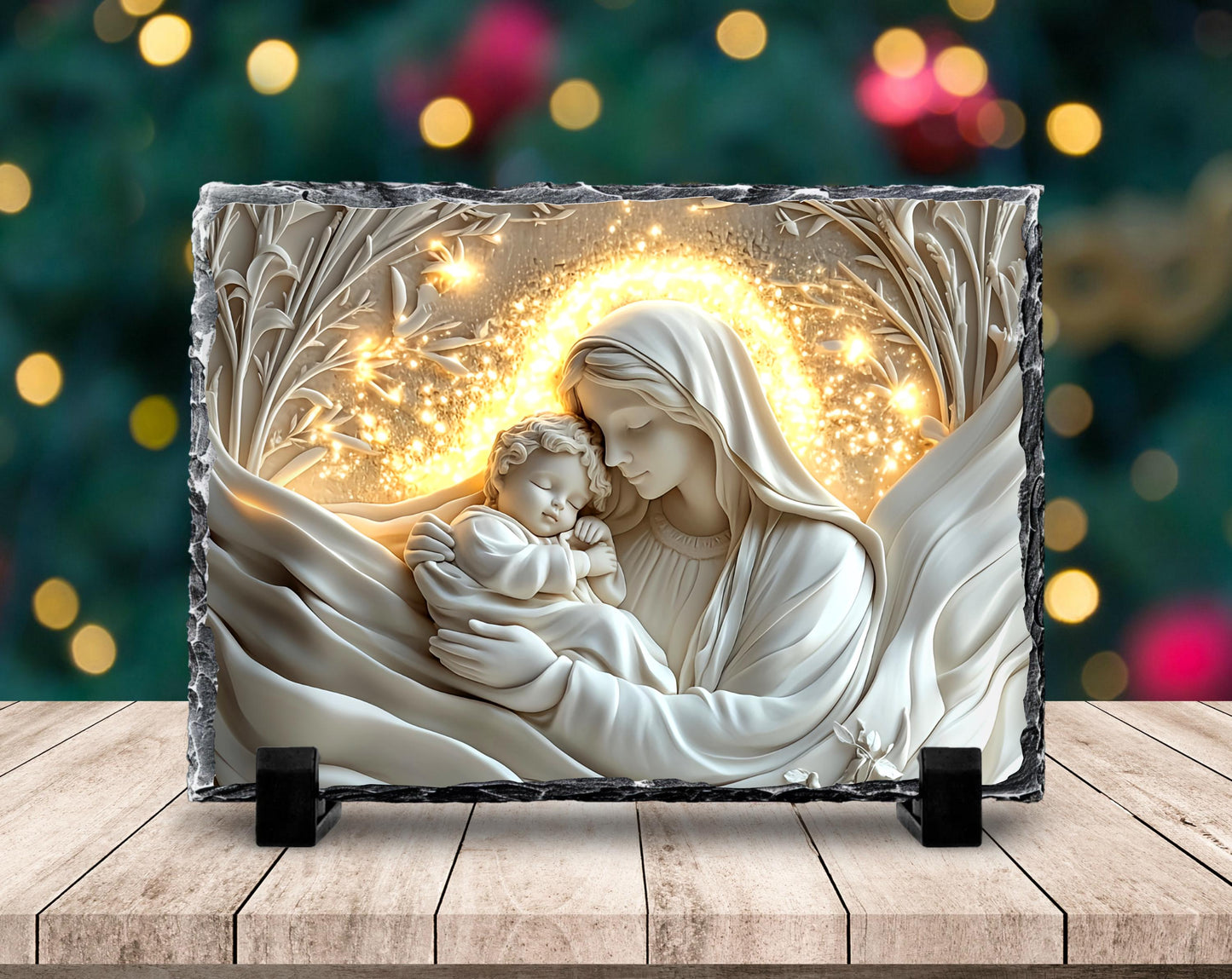 3D Mary and Baby Jesus Slate Plaque - with Fractured Edges  Gold Accents