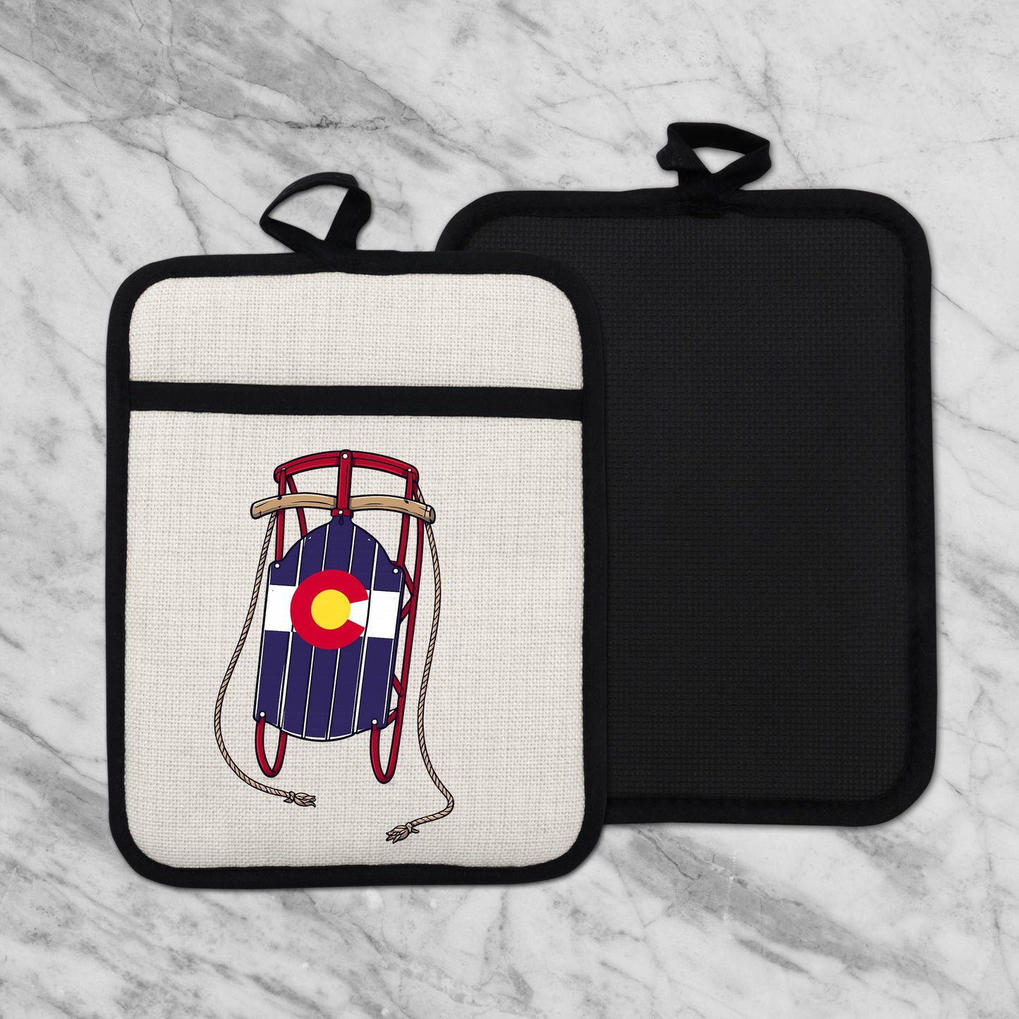 Colorado Sled Pot Holder - Linen Pot Holder with Silicone Back Trivet, Heat Resistant Oven Mitt