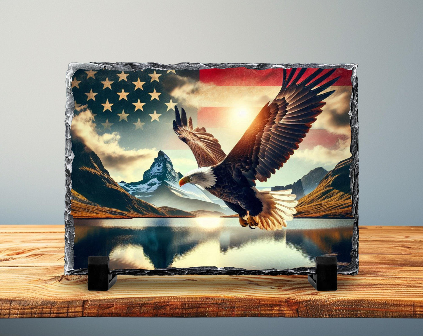 Patriotic Slate Sign - Bald Eagle Decor With American Flag Art & Mountain Lake