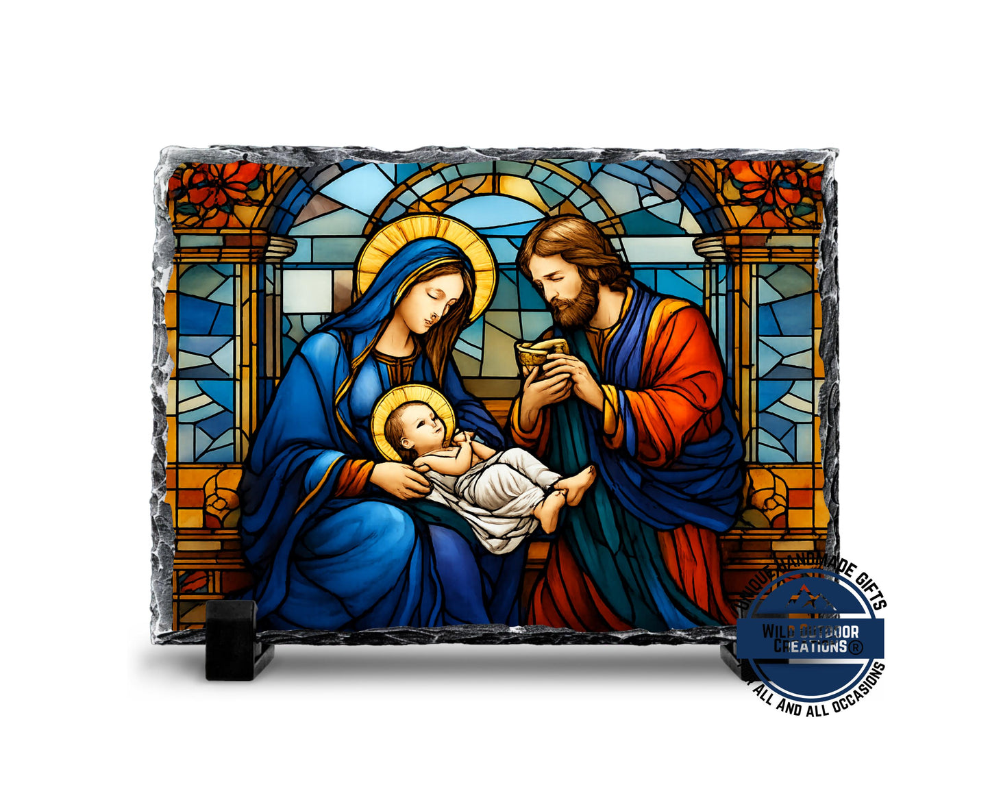 Holy Family Faux Stained Glass Slate Plaque, Mary Joseph Baby Jesus Religious Gift