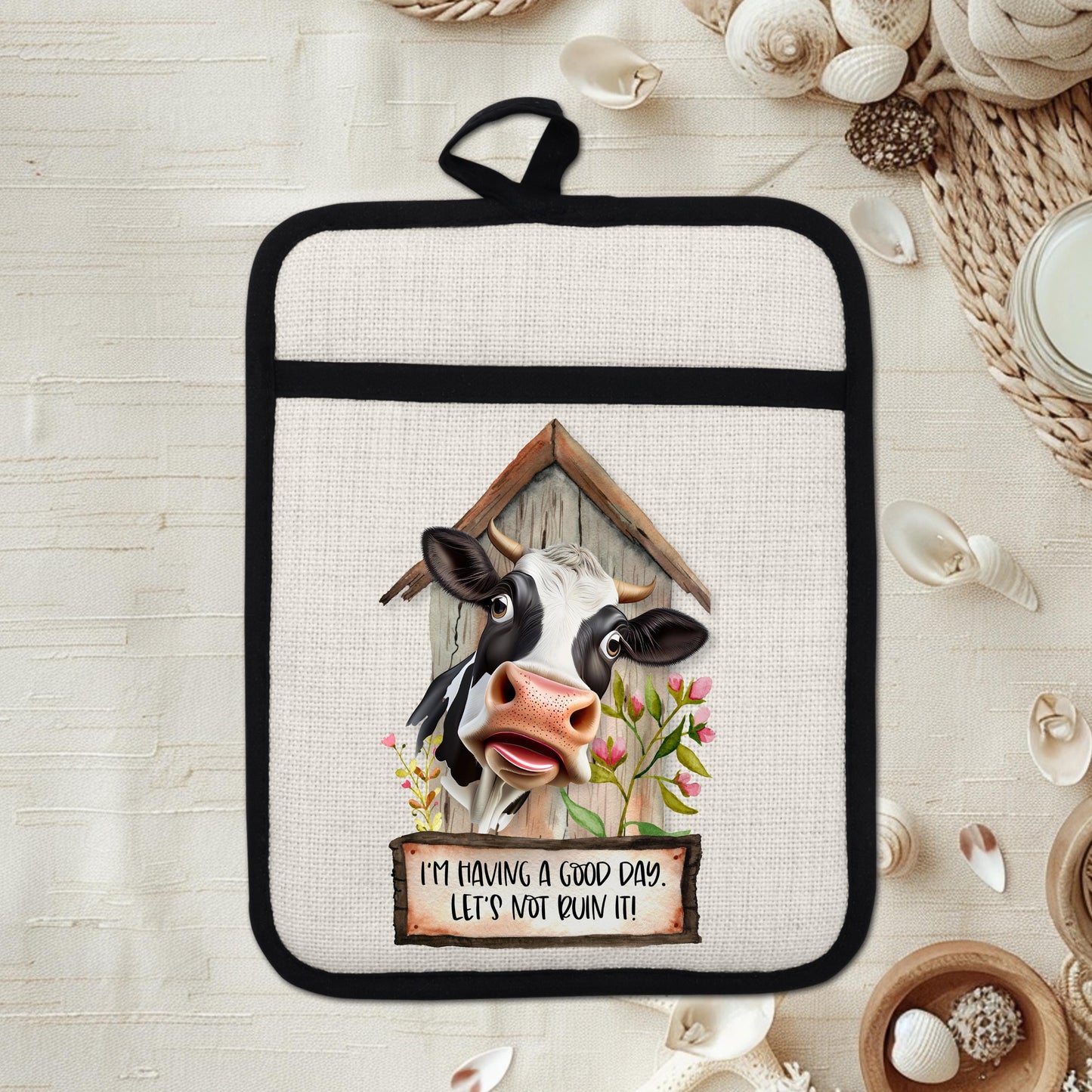 Rustic Funny Cow Pot Holder with Silicone Back  Hanging Loop - 9x7 Linen Hot Pad for Barn Kitchen Decor