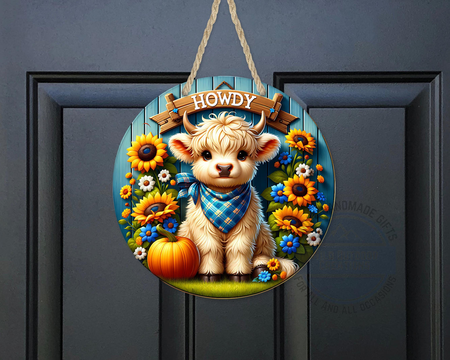 Farmhouse Door Hanger - Aluminum Round Sign with Highland Cow Decor, Blue Plaid