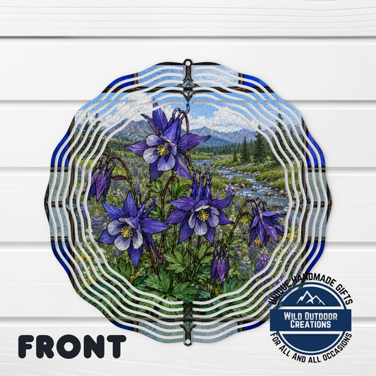Columbine Wind Spinner Colorado Flower Stained Glass Style Garden Aluminum Outdoor Decor