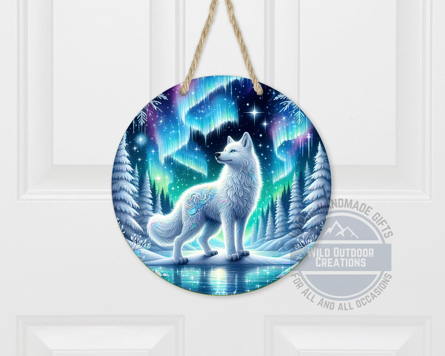 Wolf Door Hanger - Northern Lights Art | Rustic Cabin Sign, Outdoor Decor