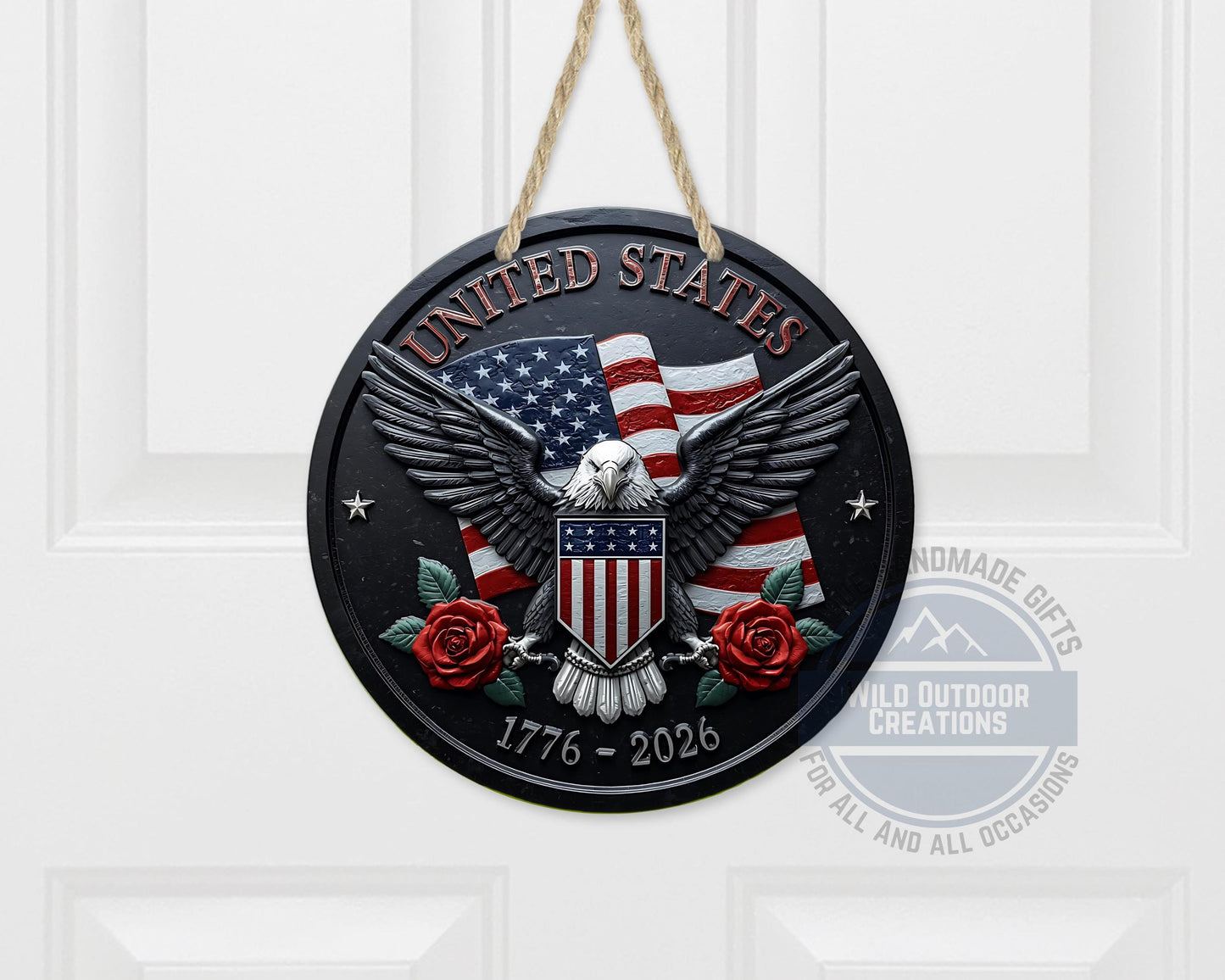 American Eagle Door Hanger - Round Aluminum Patriotic Door Sign, Veteran Gift Idea