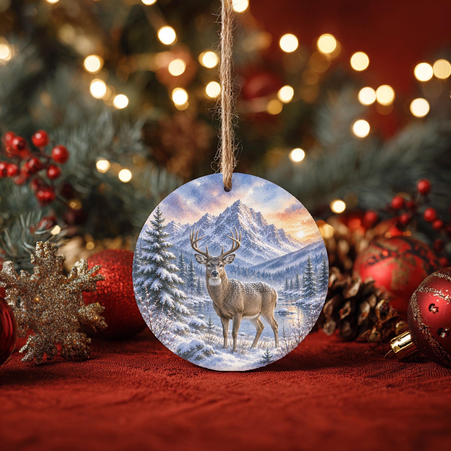 Whitetail Deer Ornament, Watercolor Mountain River Scene, Ceramic, 3 Inch