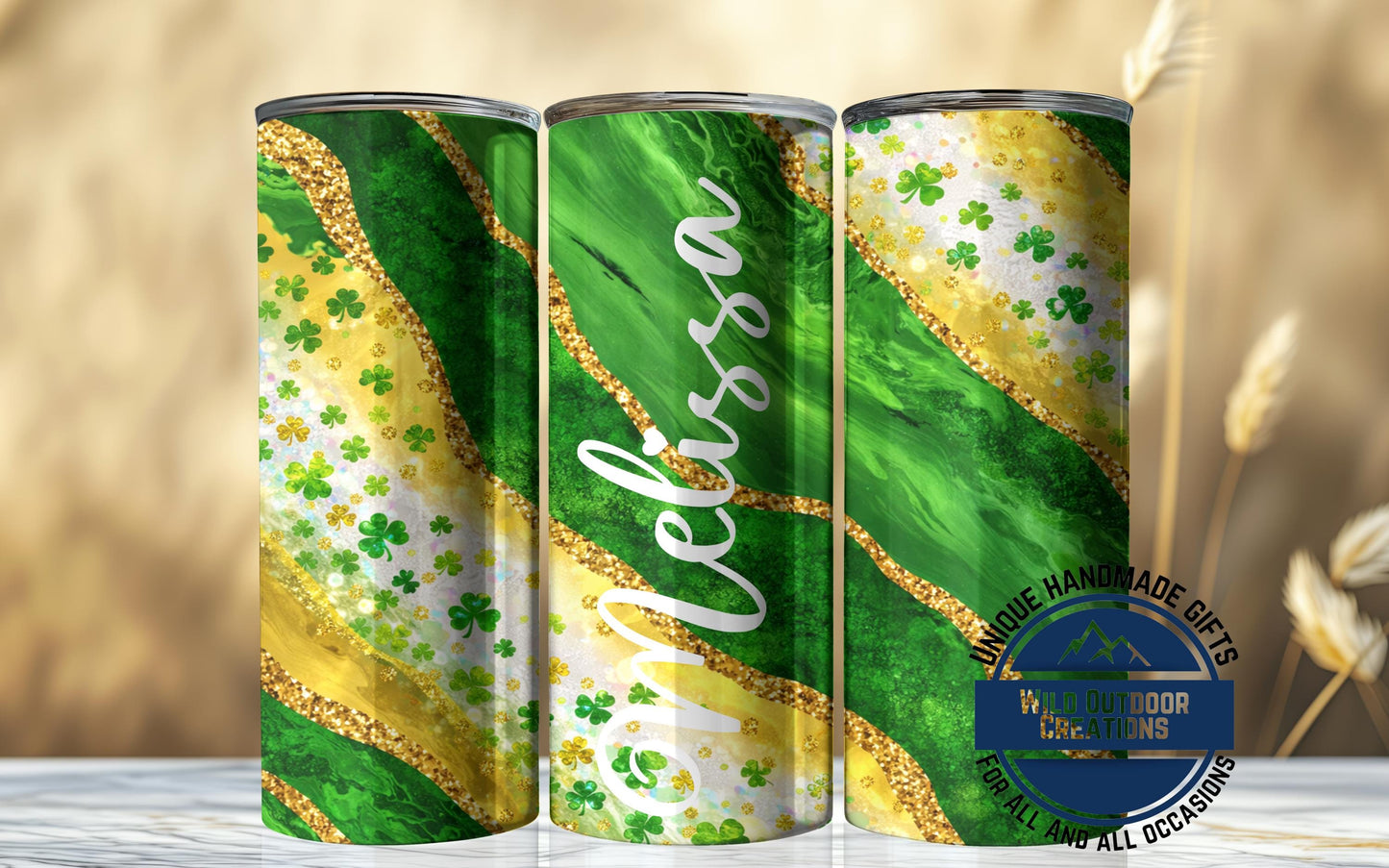 St Patrick's Day Tumbler - Custom Skinny Glow Green Cup With Name & Reusable Straw - lifestyle view