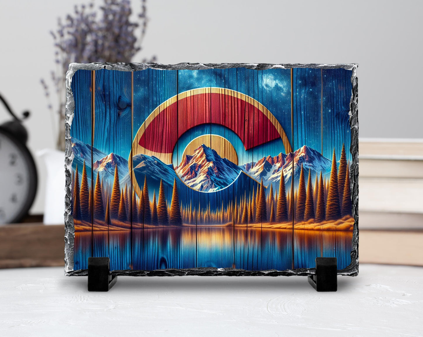Colorado C Slate Plaque - Rustic Faux Wood Design with Mountains Lake  Milky Way Sky - Perfect Gift for Colorado Lovers