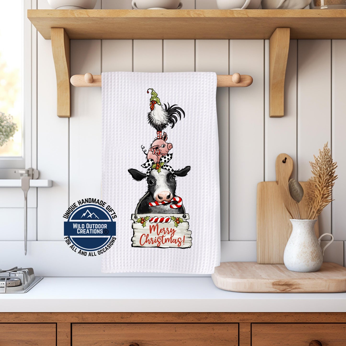 Stacked Farm Animals Merry Christmas Kitchen Towel Cow Pig Rooster Farmhouse Decor Gift
