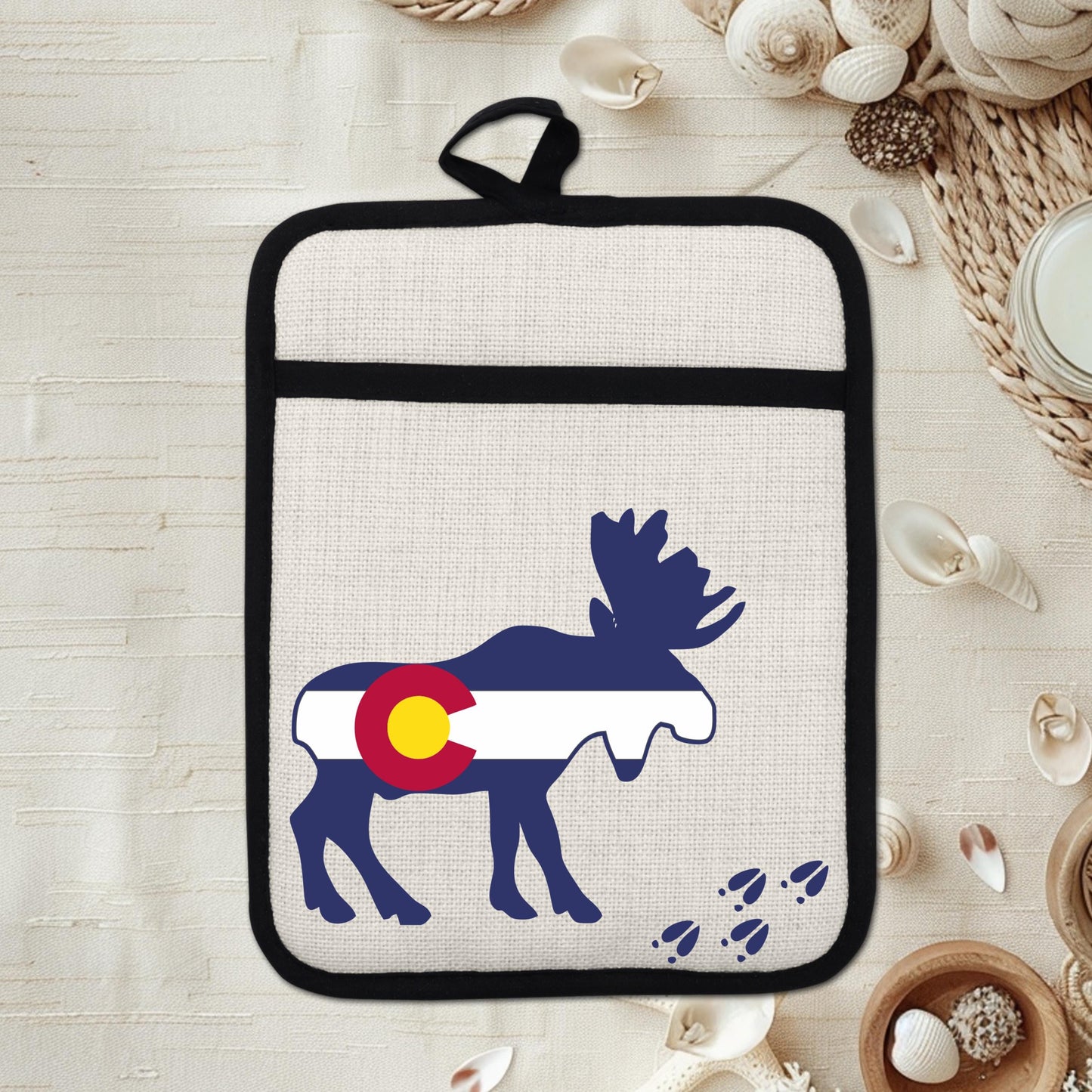 Colorado Moose Pot Holder - Heat Resistant Trivet with Silicone Back & Linen Fabric Front