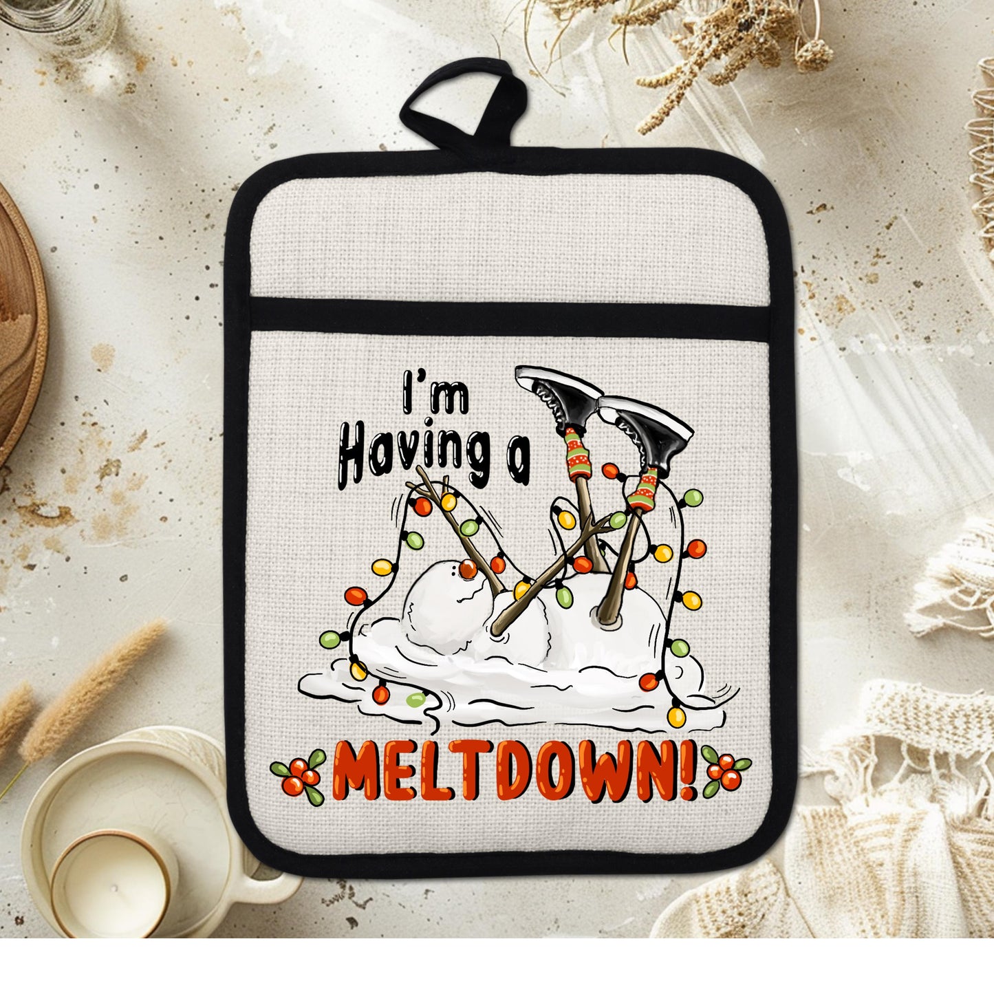 Funny Snowman Pot Holder with Im Having a Meltdown Quote - Holiday Kitchen Decor with Christmas Lights  Holly