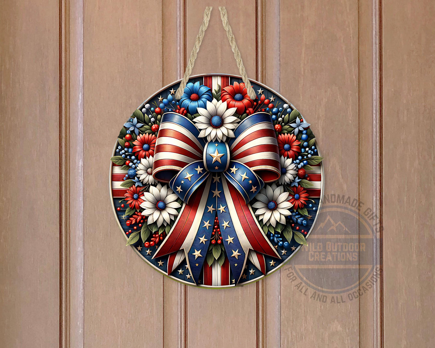 Patriotic Door Hanger – Aluminum Door Sign with American Flag Bow & Floral Design