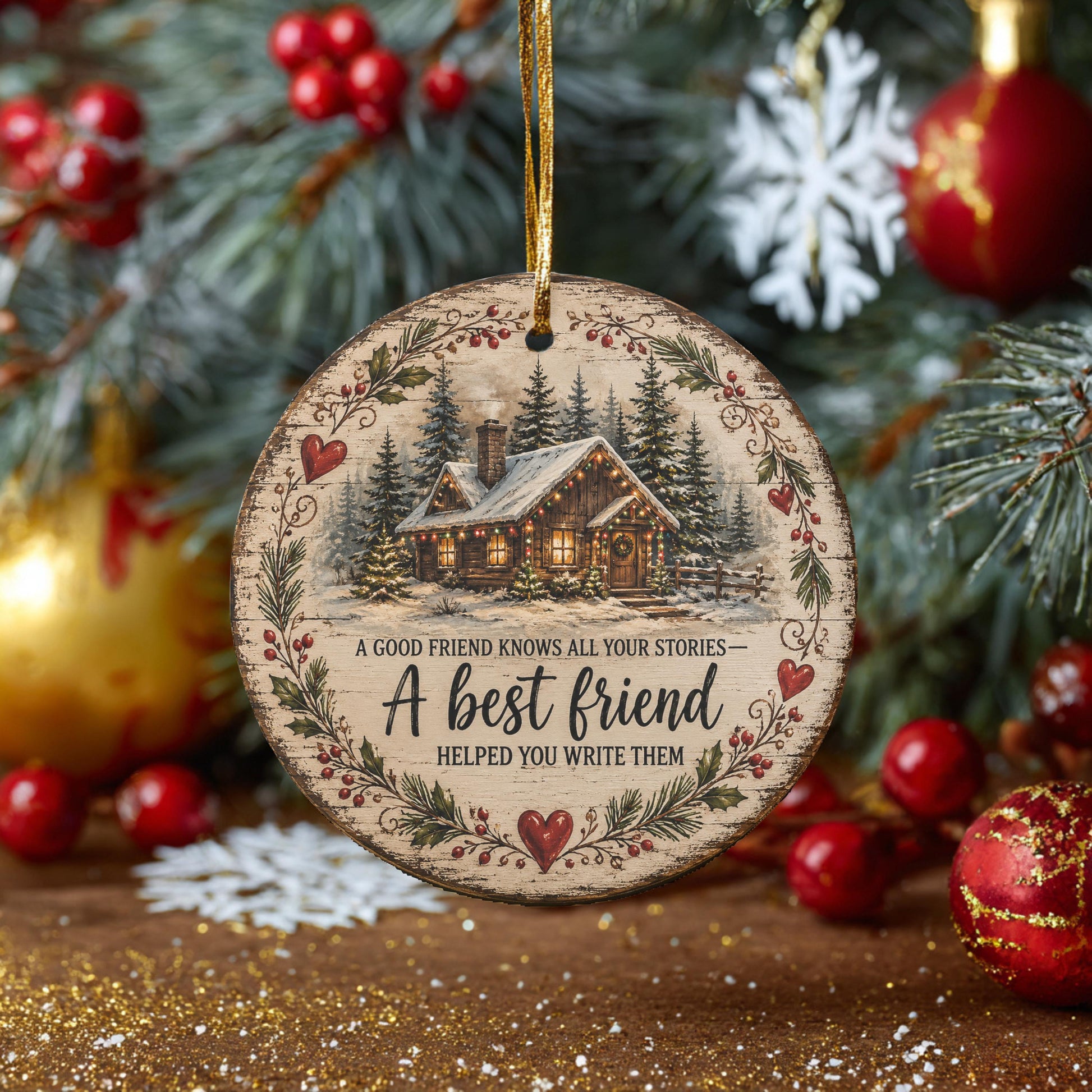 A wooden ornament with a winter scene and a quote hangs in front of a Christmas tree decorated with red and gold ornaments.