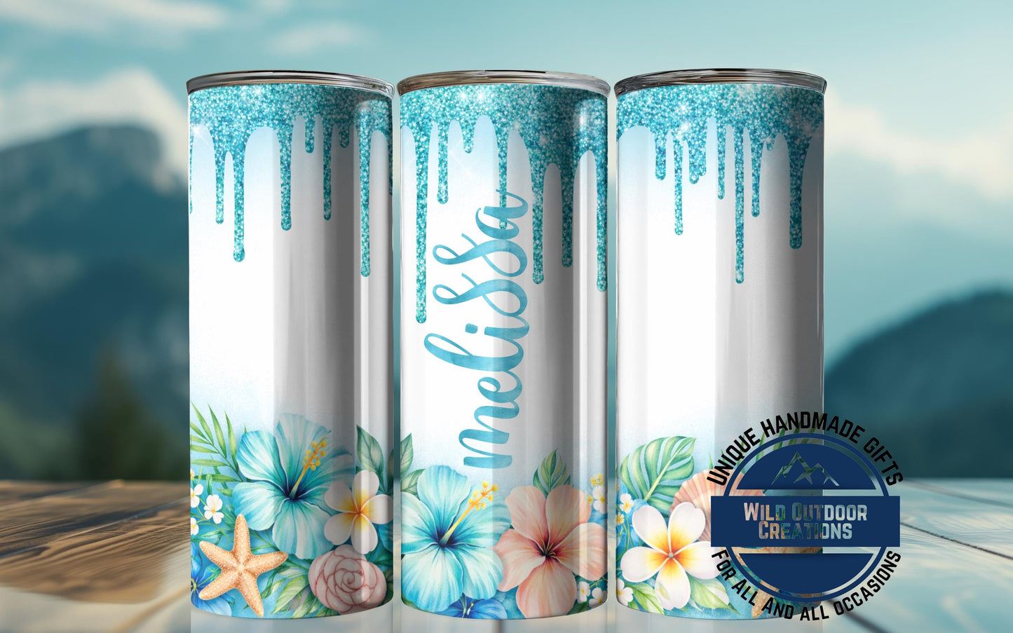 Personalized Tropical Tumbler - Double Wall Tumbler With Floral Beach Design & Glow Green