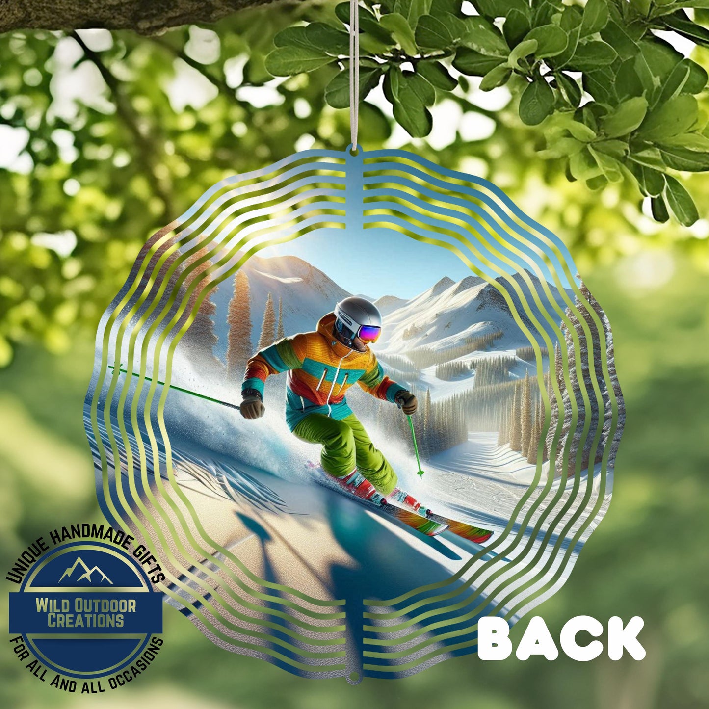 Skier Wind Spinner – Vibrant Double Sided Aluminum Art with 360 Degree Swivel - close-up detail of design