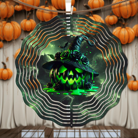 Jack-O-Lantern Wind Spinner - Neon Green UV-Protected Aluminum Garden Decor