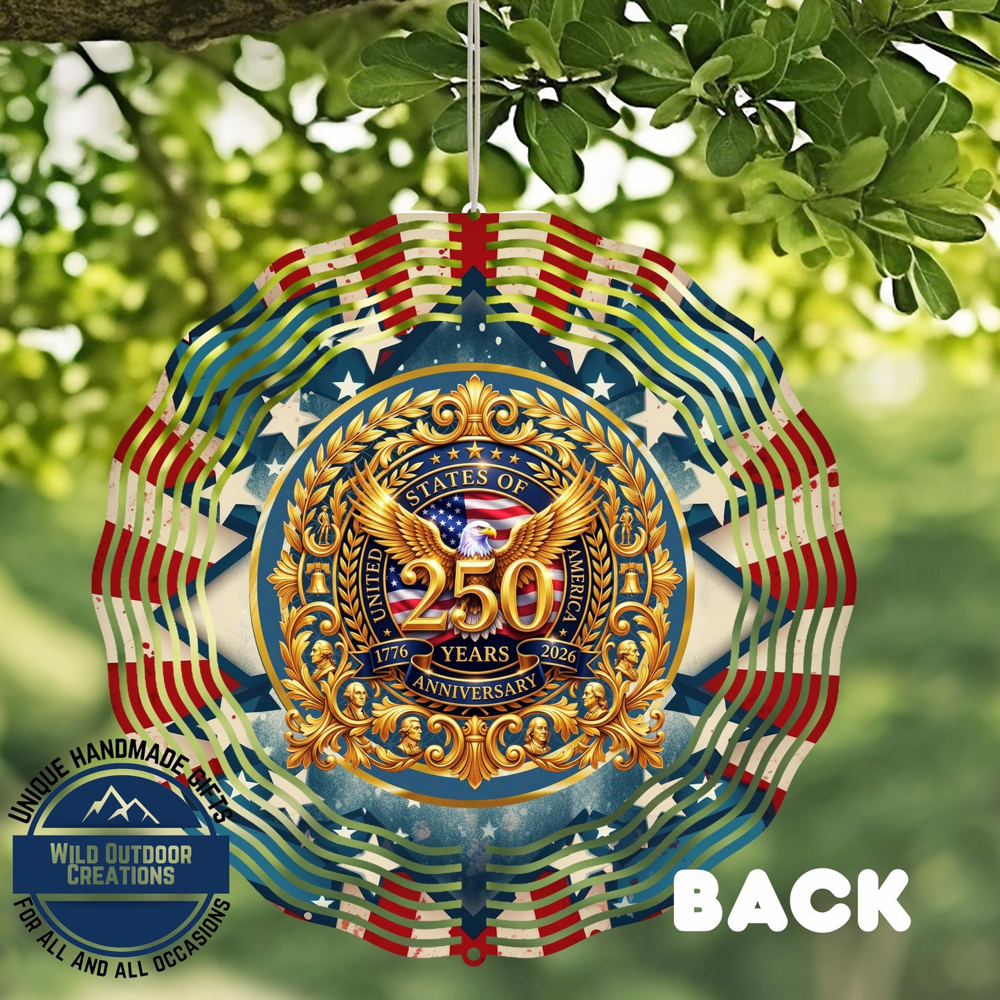 USA 250th Wind Spinner – Double Sided Gold Eagle Wall Art | Patriotic Garden Decor - close-up detail of design