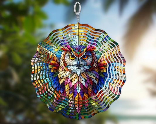 Vibrant Owl Wind Spinner, Unique Gifts for Owl Lovers, Nature Inspired Housewarming Gift, Hanging Wind Sculpture, Bird Watcher Gift