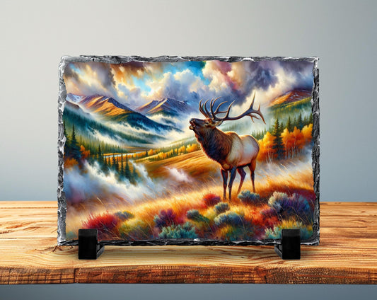 Bugling Elk Slate Plaque - Autumn Mountain Scene Wildlife Art for Rustic Cabin Decor