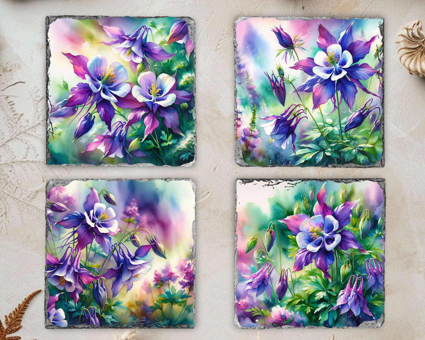 Watercolor Columbine Slate Coaster Set with Fractured Edges - Elegant Nature-Inspired Home Decor