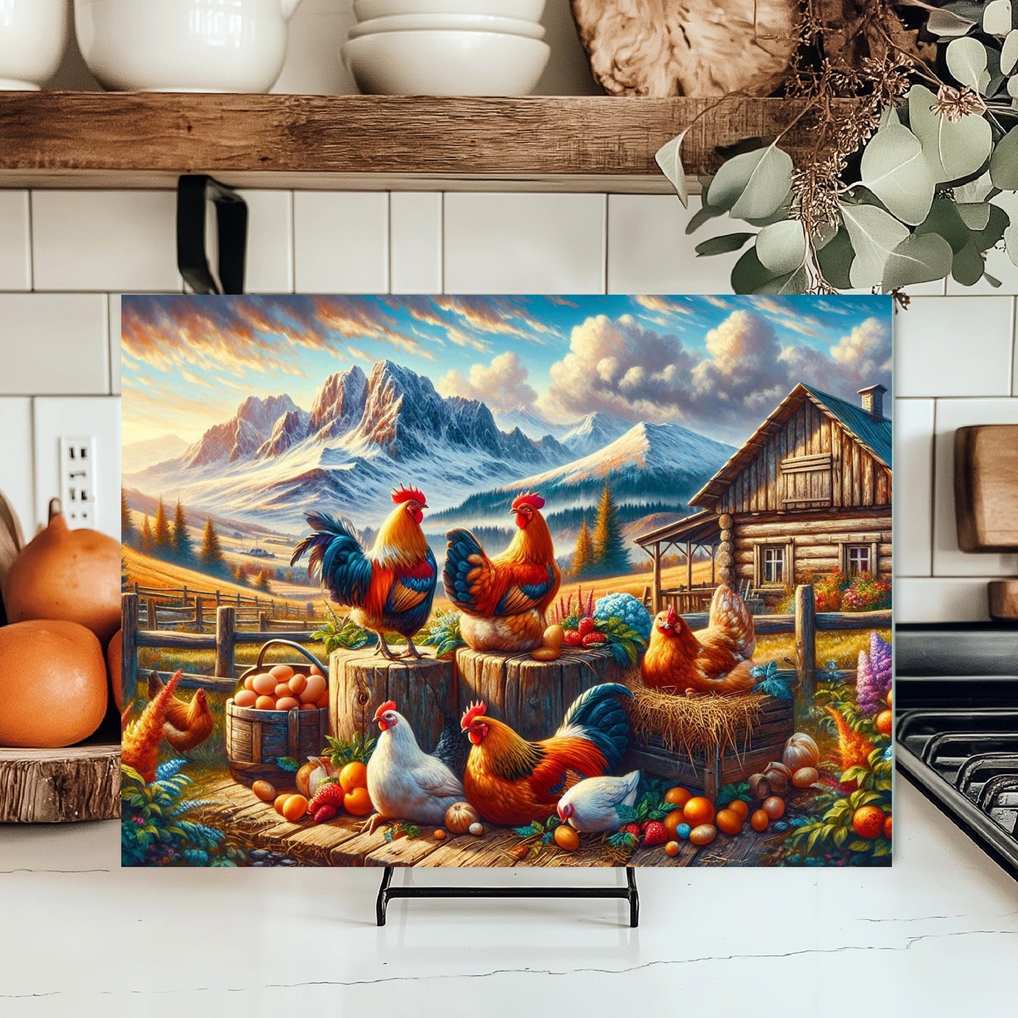 Mountain Farm Chicken Cutting Board - Rustic Glass Art Kitchen Decor Perfect Gift for Chicken Lovers