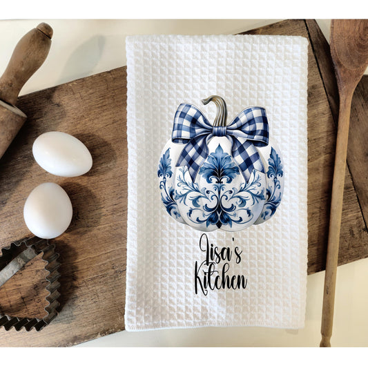 Chinoiserie Coquette Pumpkin Waffle Towel, Personalized Name Towel, Unique Hostess Gift