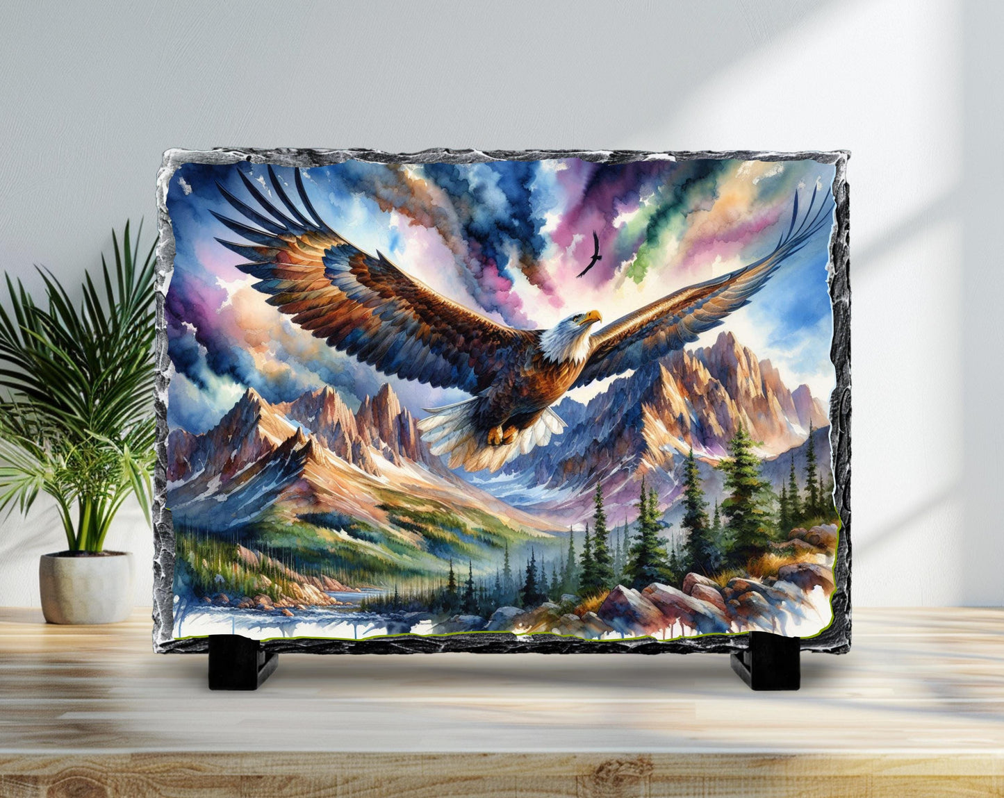 Eagle Slate Art Plaque - Soaring Over Mountain Valley Rustic Wildlife Decor on Fractured Stone