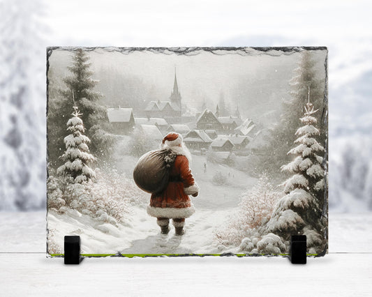 Vintage Santa Slate with Snowy Path Christmas Scene - Ideal Gift for Santa Enthusiasts