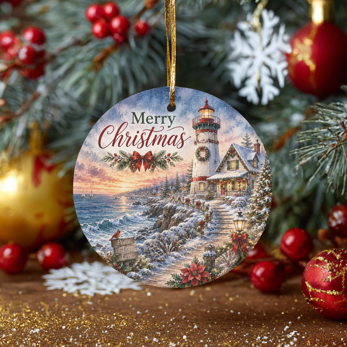 Lighthouse Christmas Ornament, Snowy Coastal Scene | Ceramic 3 Inch