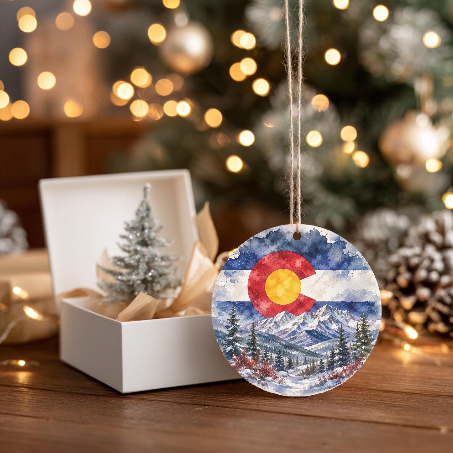 A white box containing a small Christmas tree ornament with a watercolor painting of the state of Colorado on it, set against a blurred background of twinkling lights and a decorated Christmas tree.