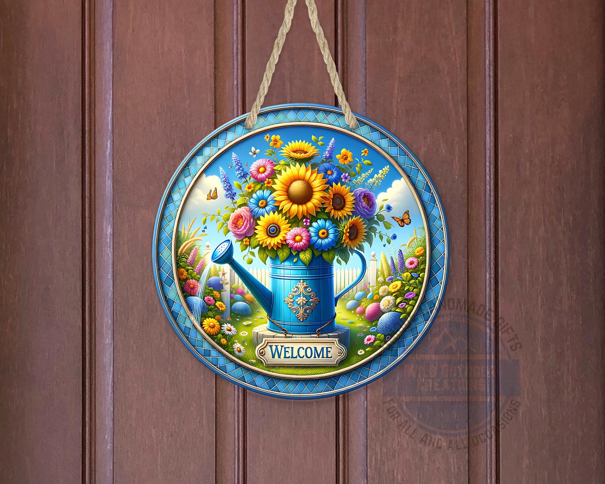 Watering Can Welcome Sign – Round Aluminum Garden Door Hanger With Sunflower Decor - displayed on front door
