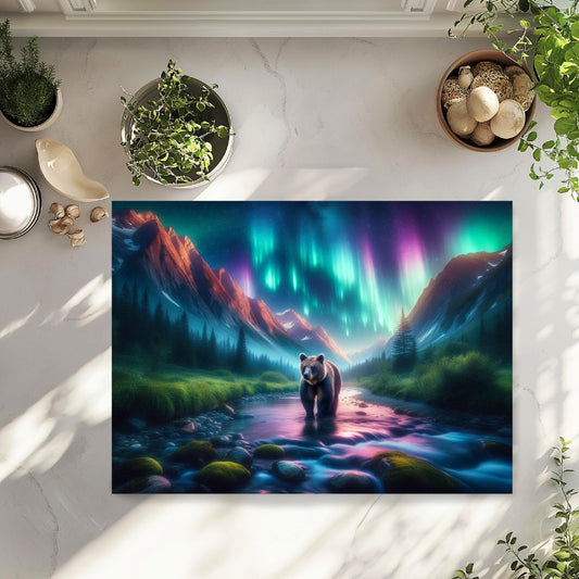 Vibrant Northern Lights Bear River Tempered Glass Cutting Board, Hostess Housewarming Gift, Bear Lover Gift, Kitchen Decor for Mom, New Home