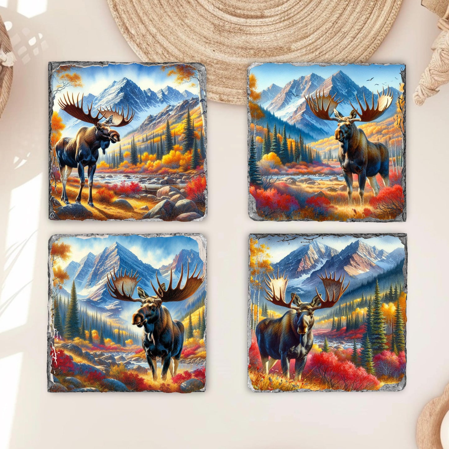 Slate Coaster Featuring Moose in Autumn Mountain Valley  Ideal Gift for Nature Enthusiasts