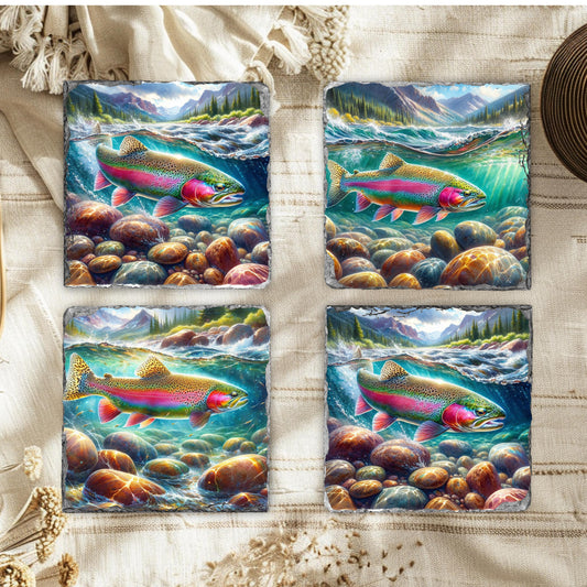 Rainbow Trout Slate Coaster Set with Fractured Edges  4 Sublimation Prints  Black Rack for Coffee Table or Gift