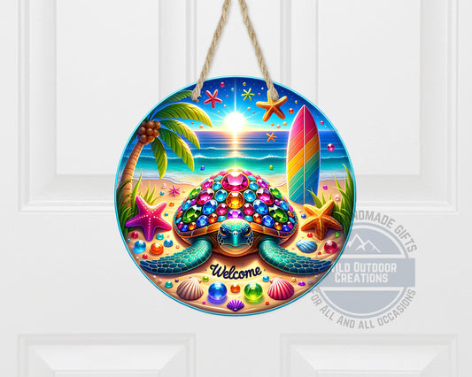 Sea Turtle Welcome Sign - Colorful Coastal Decor | Outdoor Welcome Sign, Beach Door Hanger