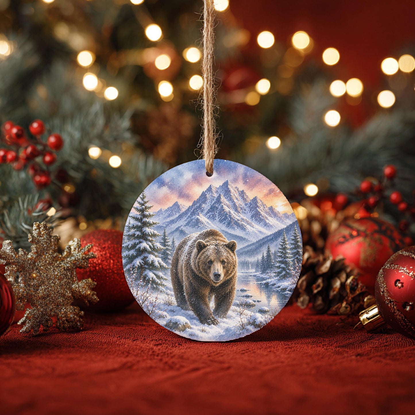 Grizzly Bear Ornament | Watercolor Mountains, Ceramic Keepsake