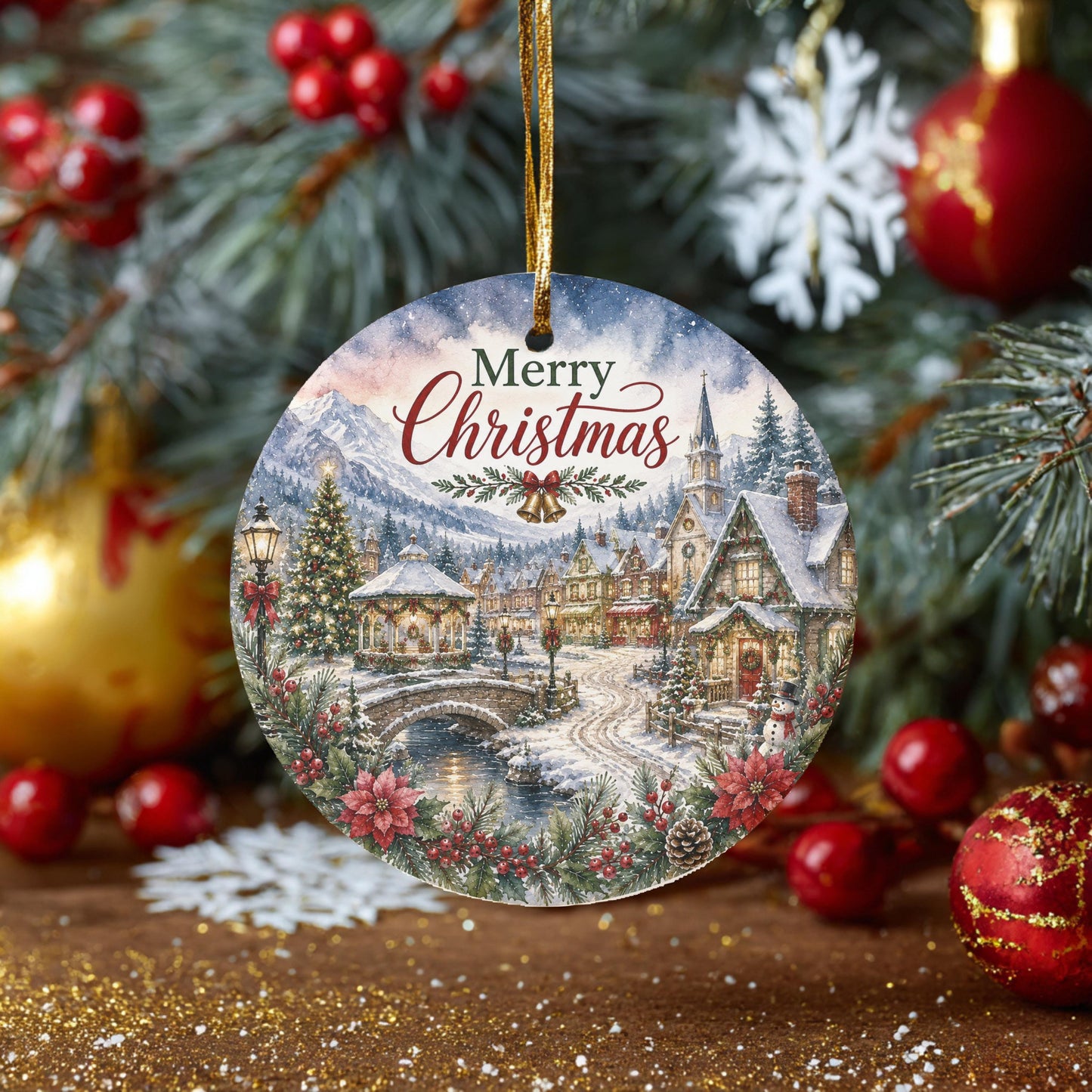 Ceramic Christmas Ornament, Snowy Church Village Scene, 3 Inch Round