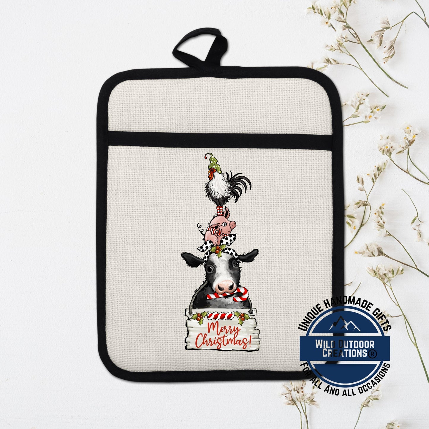 Farm Animal Pot Holder Linen Hot Pad Cow Pig Rooster Christmas Kitchen Gift
