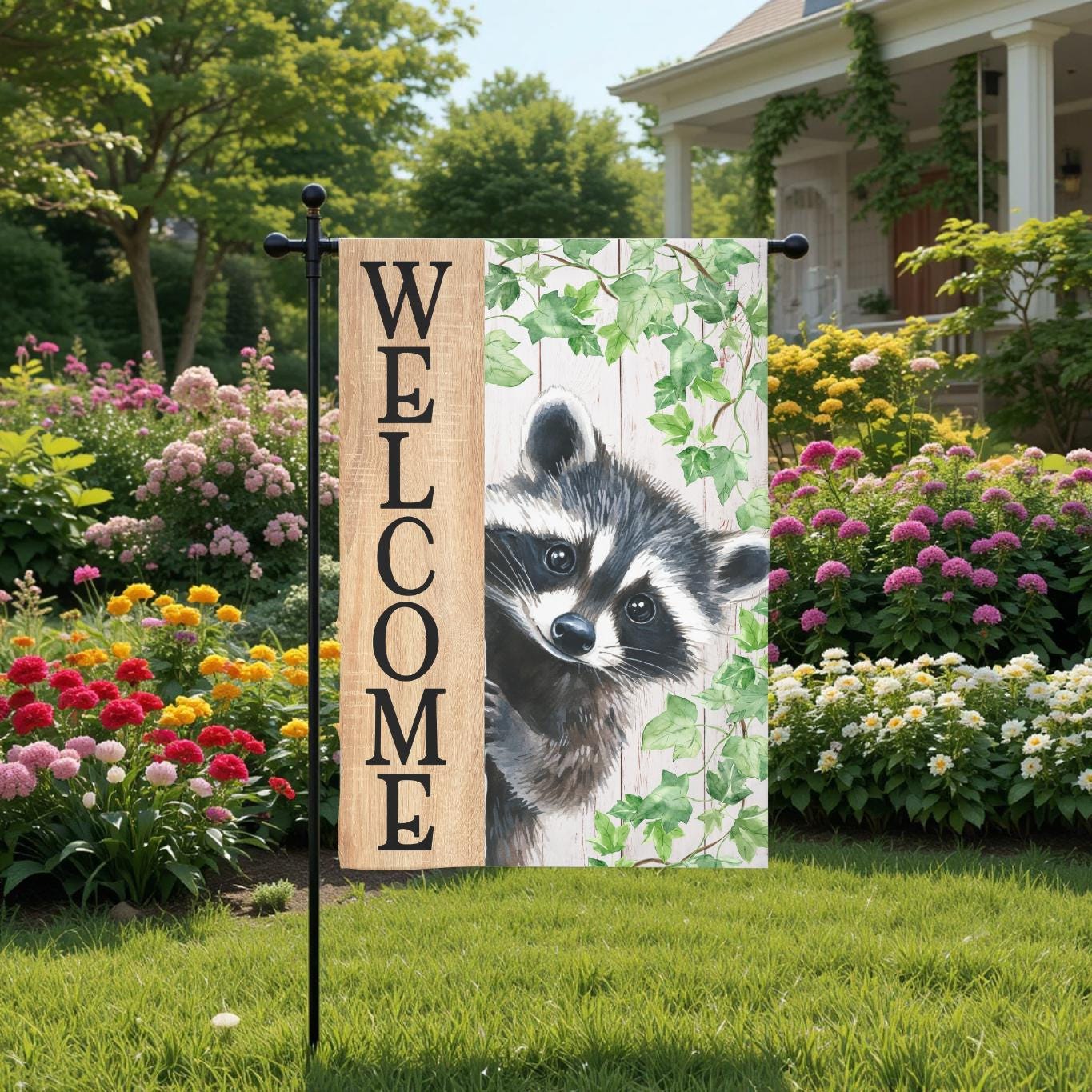 Welcome Raccoon Garden Flag – Rustic Woodland Yard Decor | Double Sided, UV Resistant - gift presentation view
