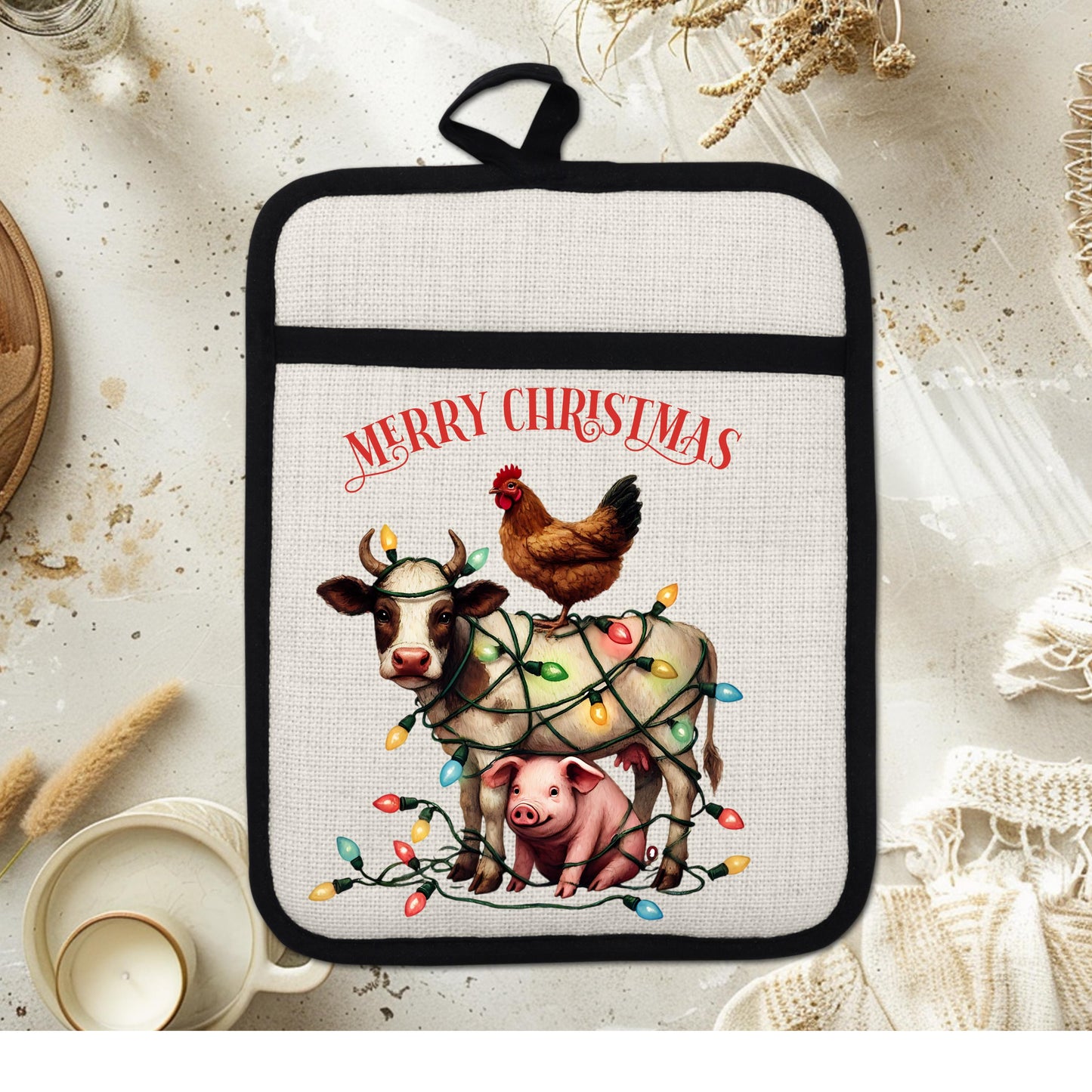 Funny Farm Animal Christmas Pot Holder - Cow Pig  Chicken Design Rustic Linen Hot Pad for Festive Kitchen Decor