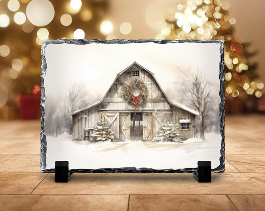 Rustic Christmas Slate Plaque with Barn Scene Wreath  Snow  Perfect Holiday Decor Gift