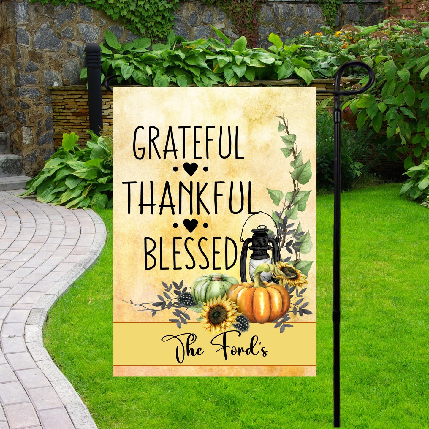 Personalized Fall Garden Flag - Grateful Thankful Blessed - Unique Housewarming Gift