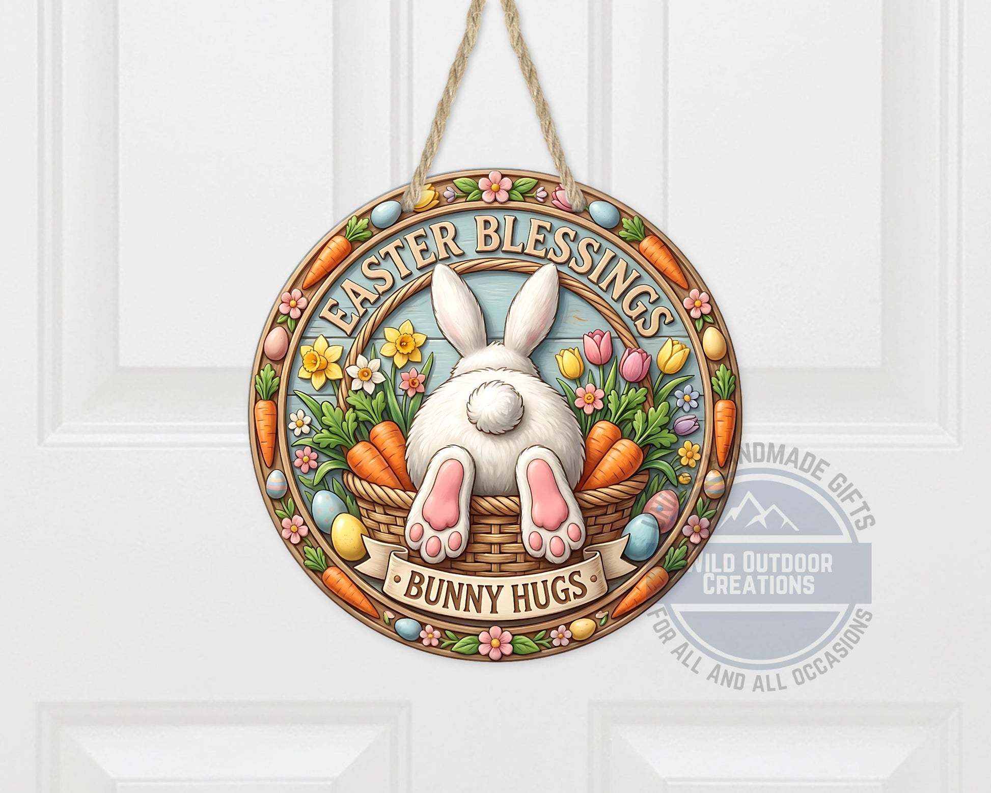 Easter Door Hanger - Round Aluminum Bunny Hugs Sign | Spring Porch Decor
