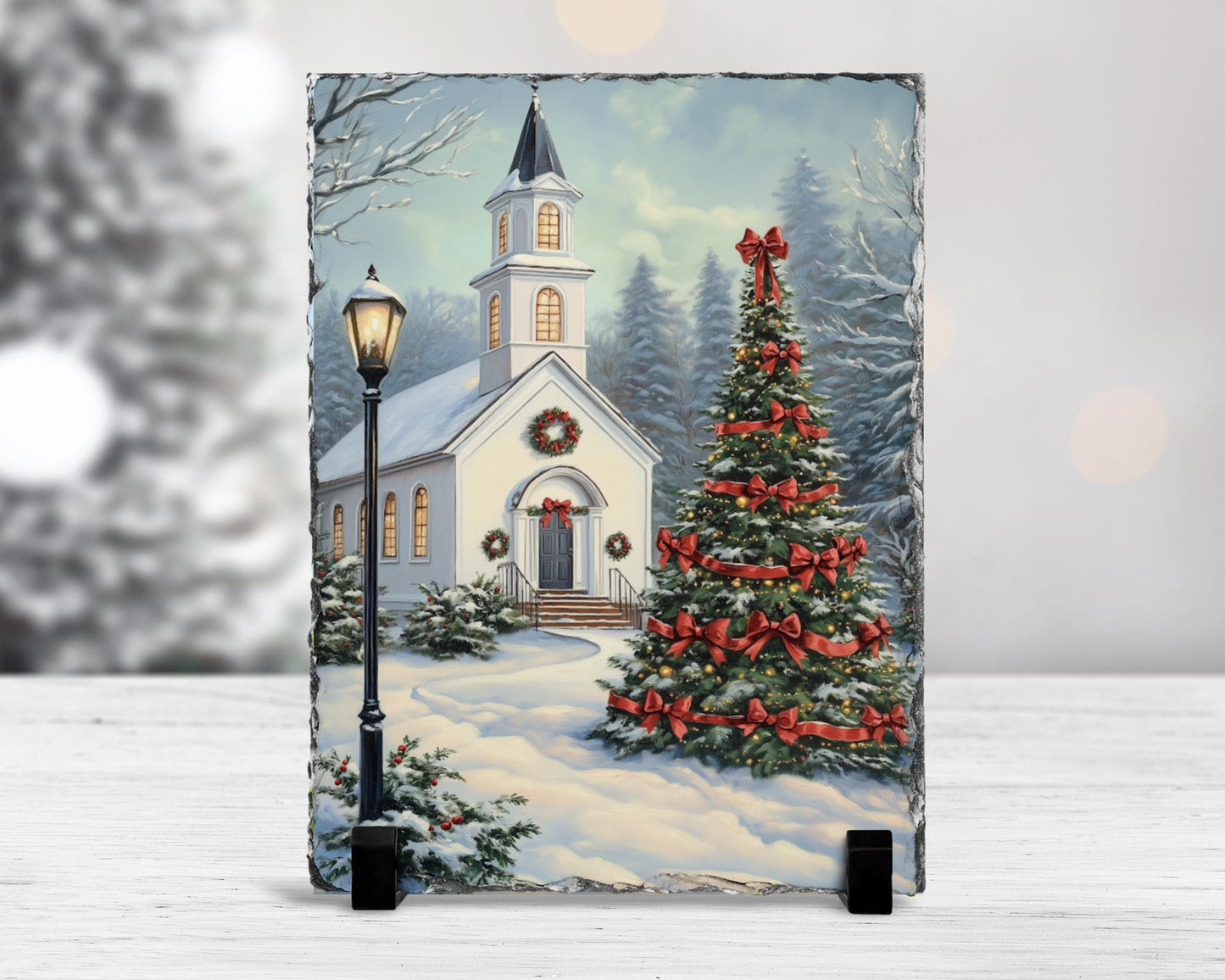 Vintage Slate Christmas Art with Red Bows  Snowy Landscape