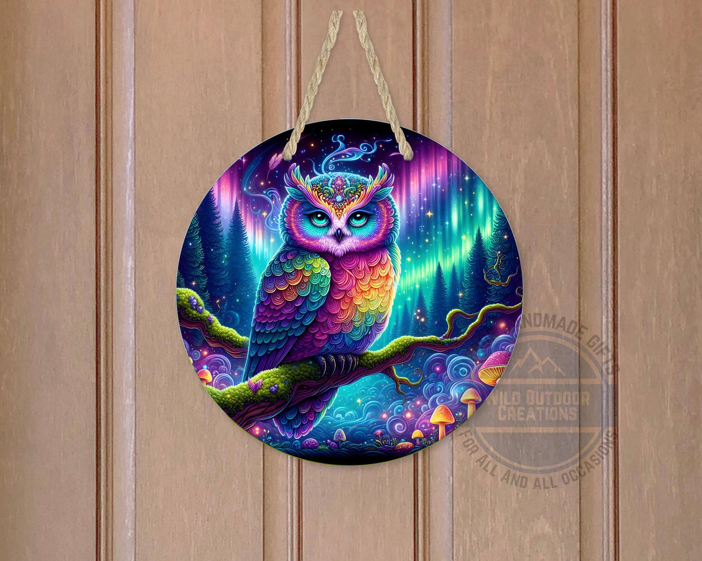 Rainbow Owl Wall Art – Psychedelic Forest Scene | Round Aluminum Sign With Fade Resistant Print