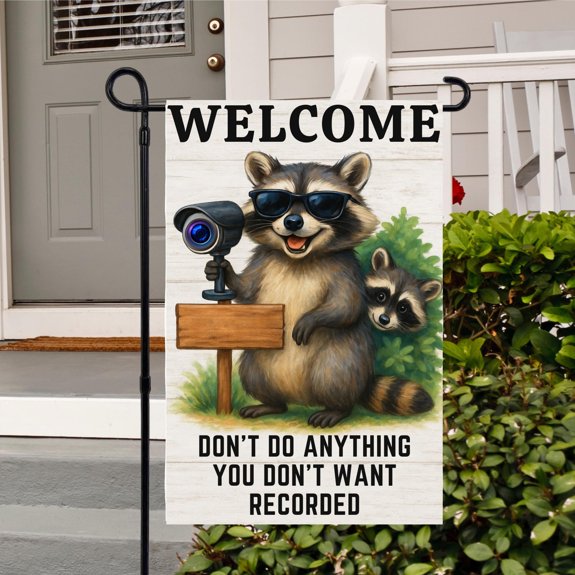 Funny Raccoon Garden Flag – Security Camera Porch Decor | Welcome Yard Banner - additional angle