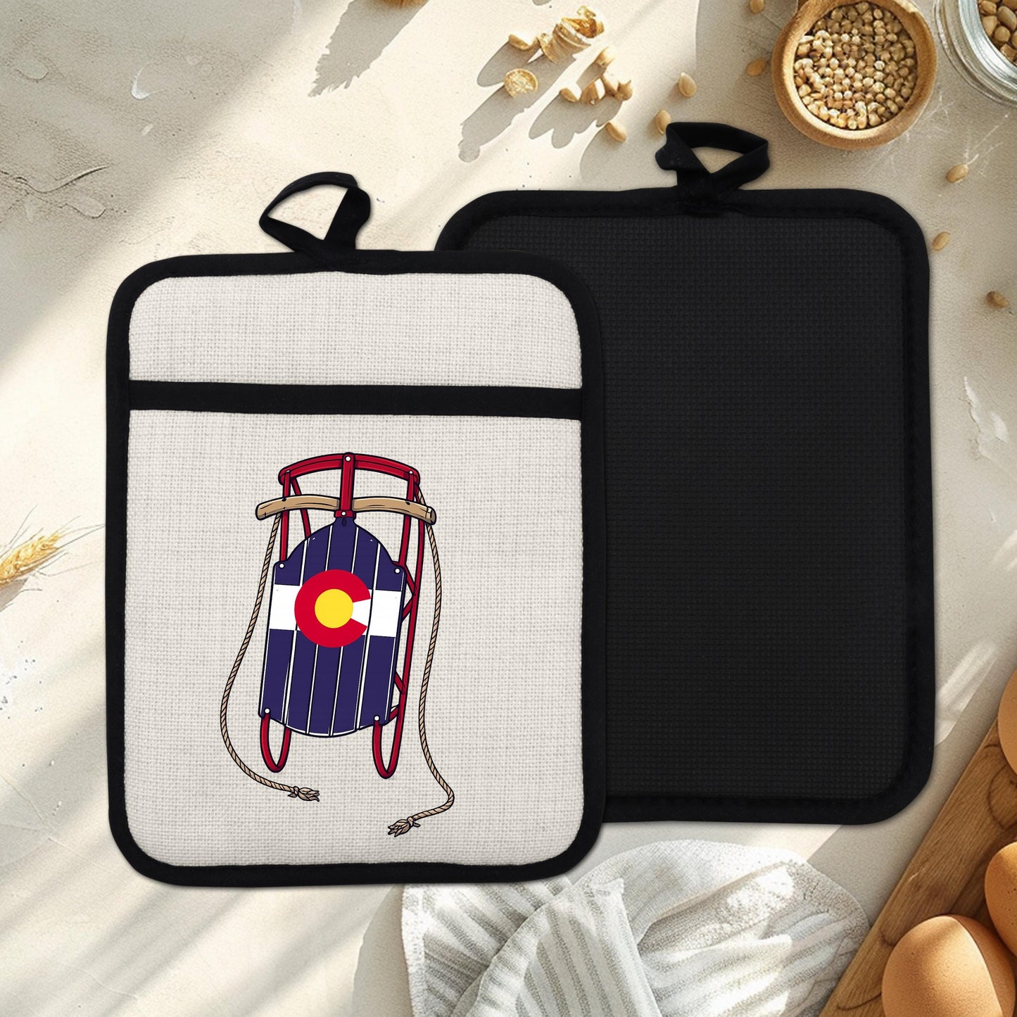 Colorado Sled Pot Holder - Linen Pot Holder with Silicone Back Trivet, Heat Resistant Oven Mitt