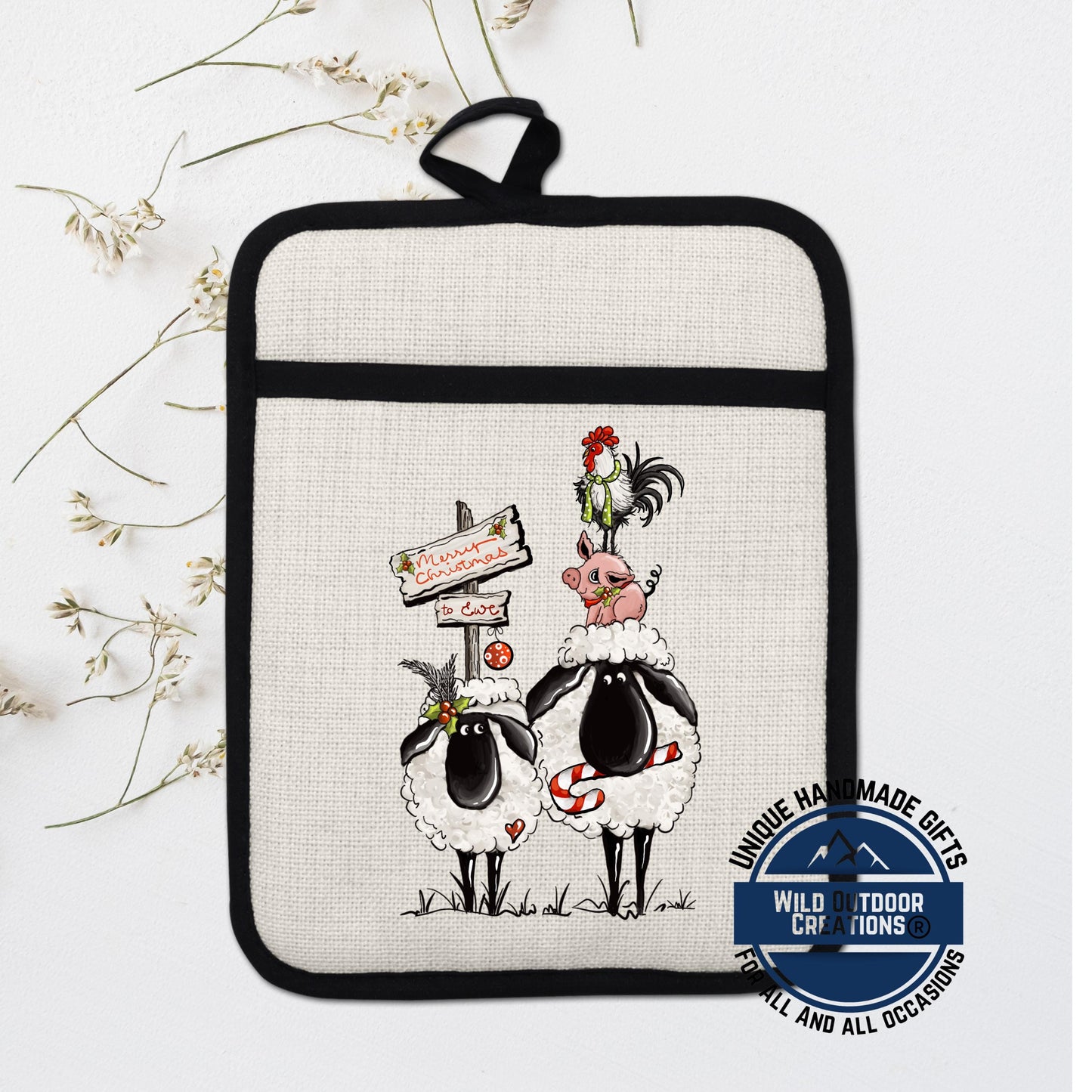 Sheep Pot Holder Linen Hot Pad Merry Christmas Ewe Funny Farmhouse Kitchen Gift