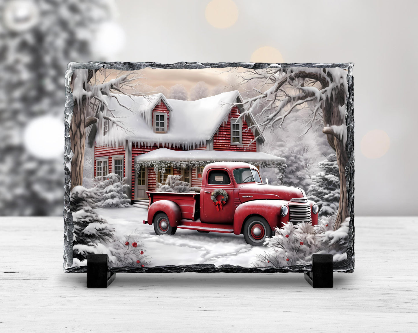 Winter Farm Scene Slate with Red Truck and Wreath - Festive Christmas Decor Gift for Home